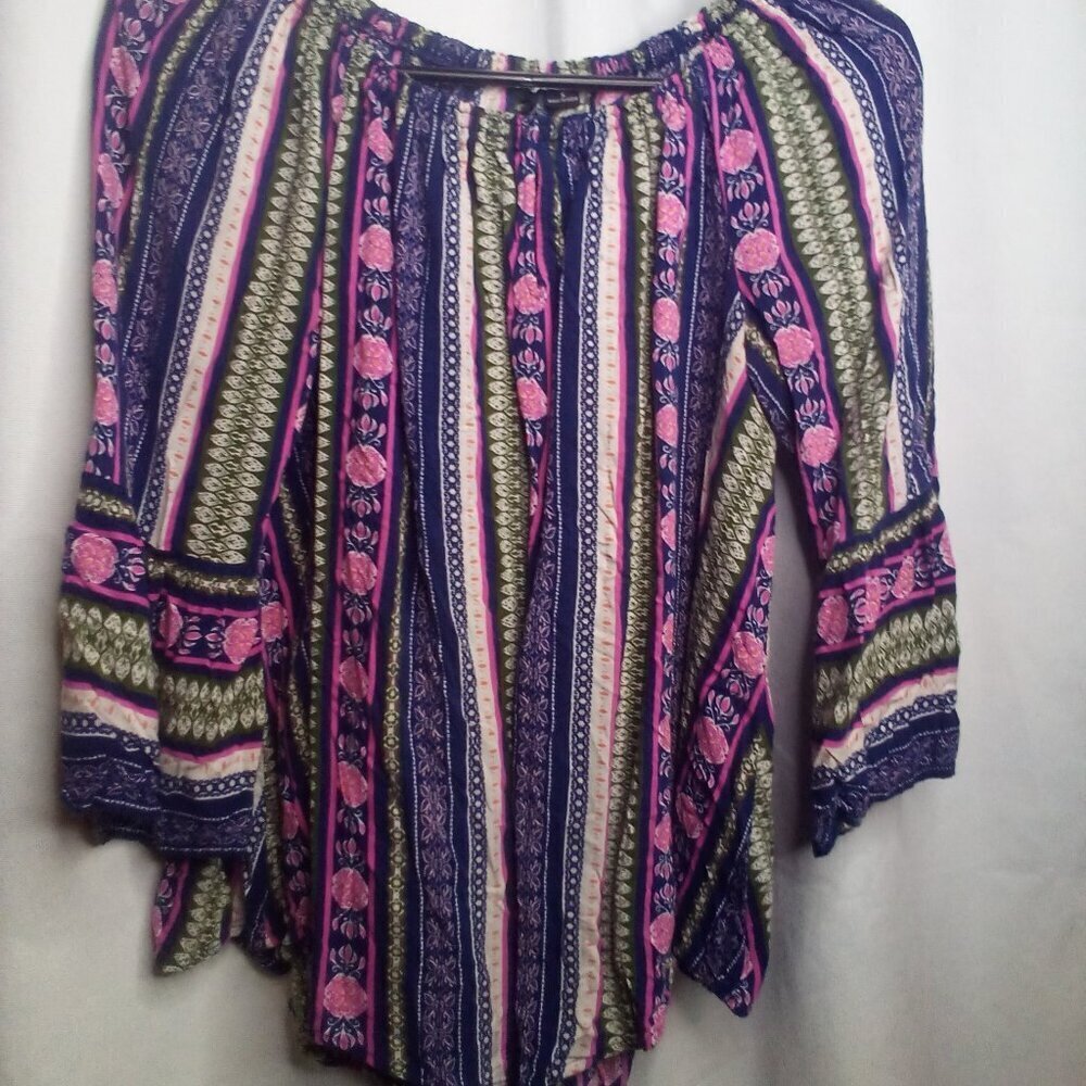 New Directions Blouse S 3/4 Bell Sleeve Boho Patterned Colorful